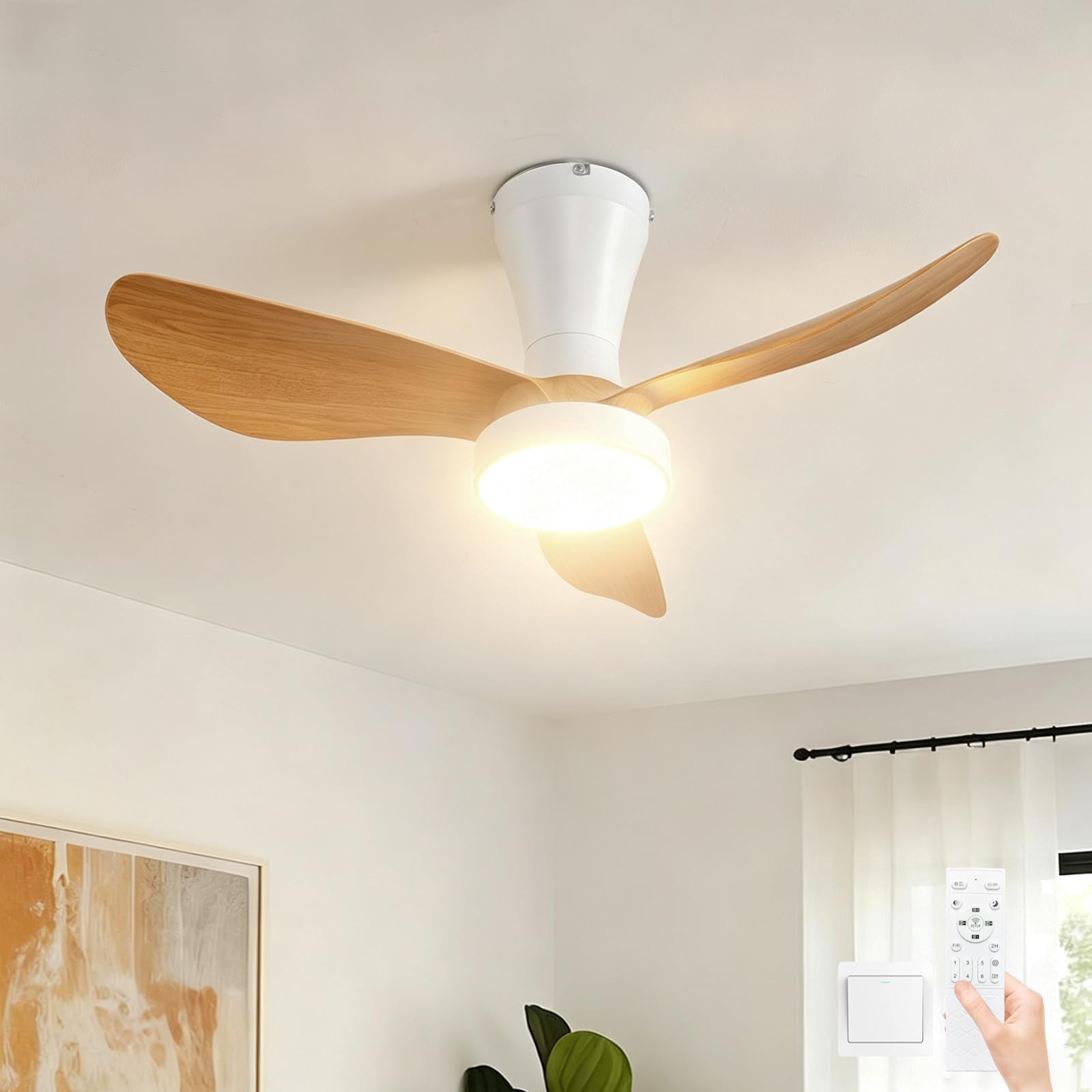 Plafonnier Ventilateur LED Chambres 82cm,6 Vitesses,Ventilateur de Plafond Silencieux avec Lumiere et Telecommande,Minuterie RéVersible,Moderne Dimmable Lampe Ventilateur,Cuisine log