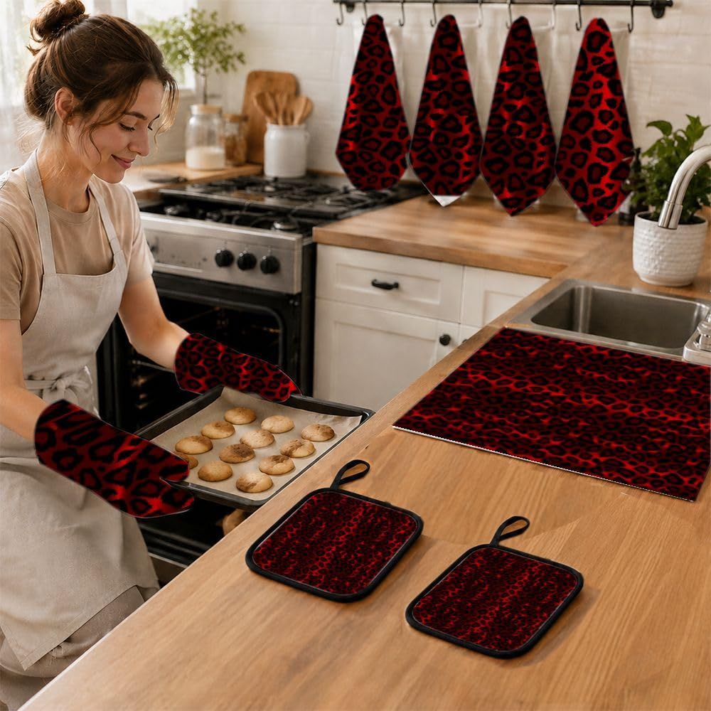 9PCS Red Leopard Print Cucina Decor e Accessori Set