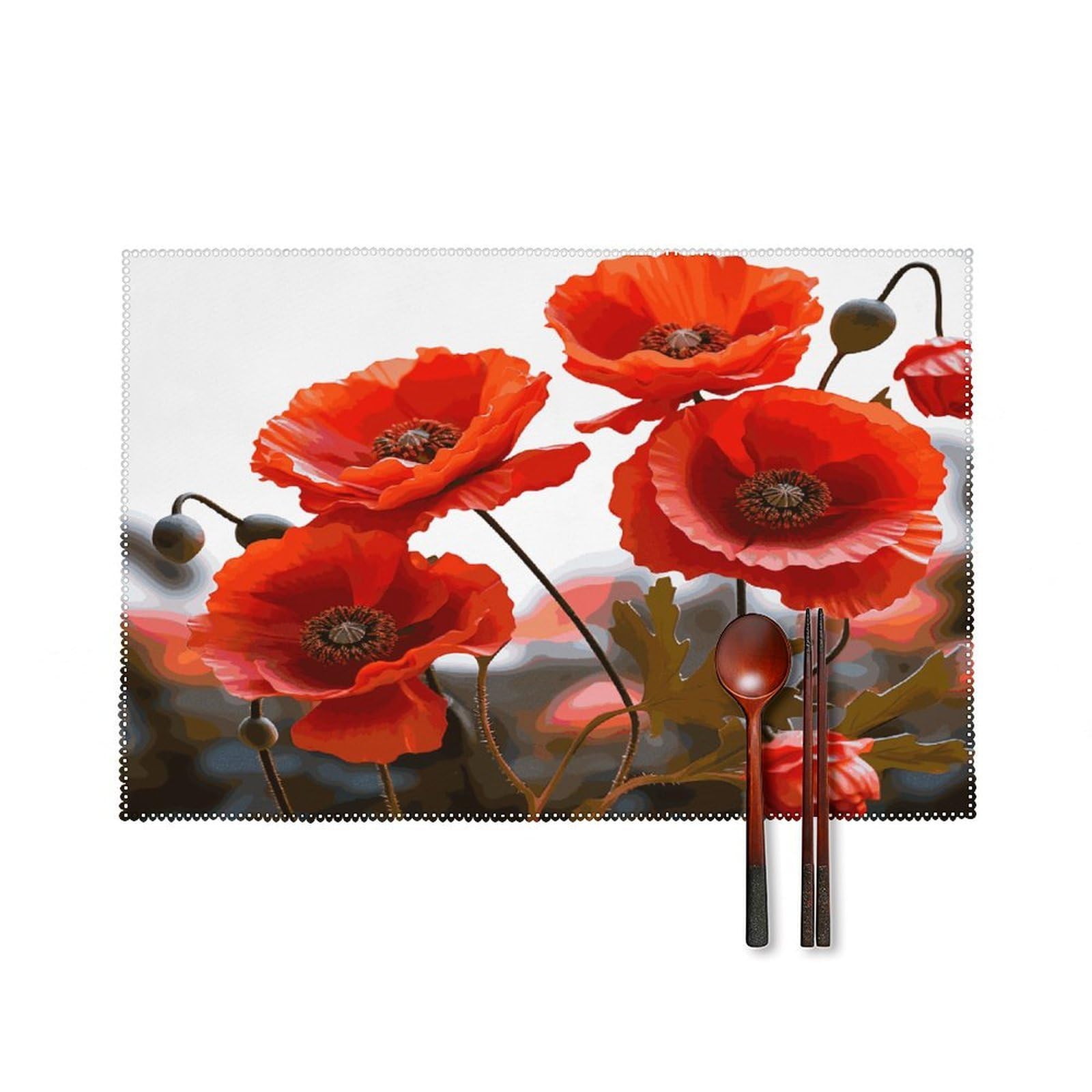 Poppy Flowers Vivid Petals Placemats Set of 4 Canvas Place Mats Non-Slip Heat Resistant Table Mats Washable Waterproof Placemat Wipeable Tablemats for Kitchen Dining Decor Place Mat