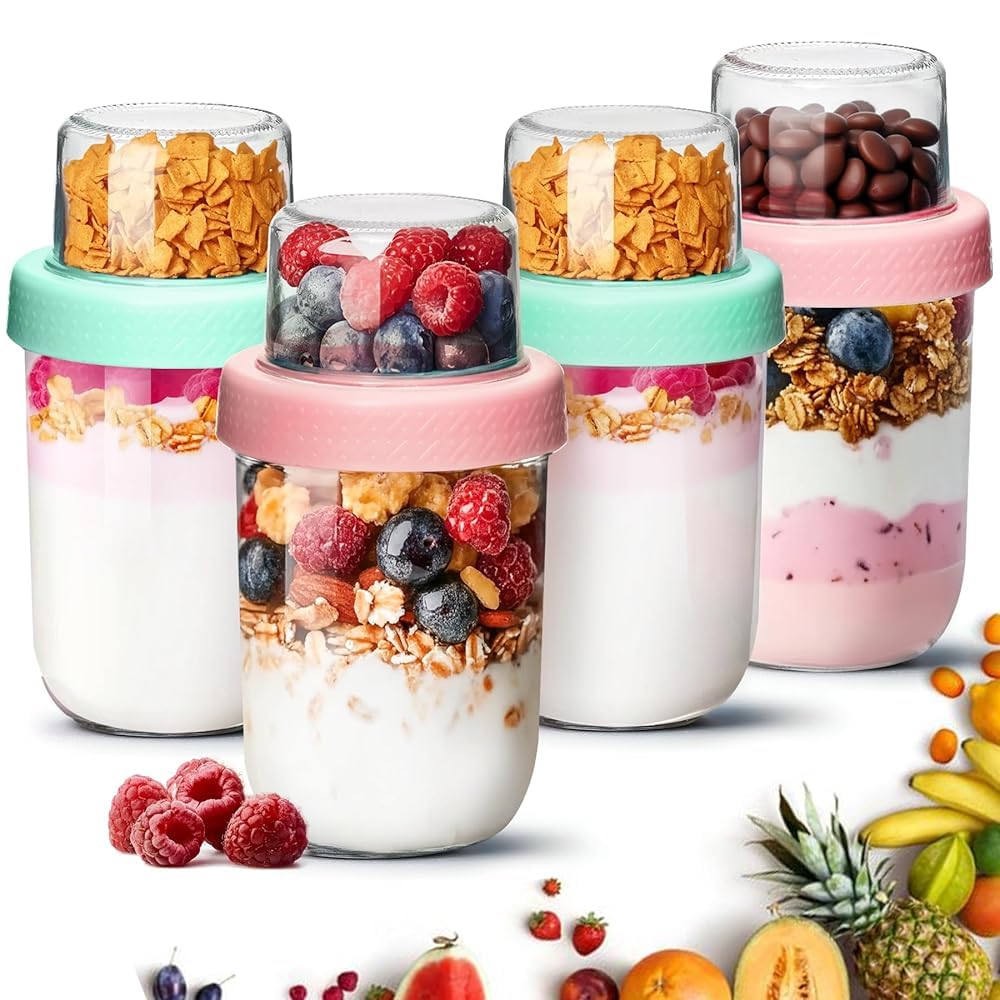 ComSaf Overnight Oats Containers with Lids (16oz+4oz, 4Pcs), Dual-Layer Chia Pudding Jars