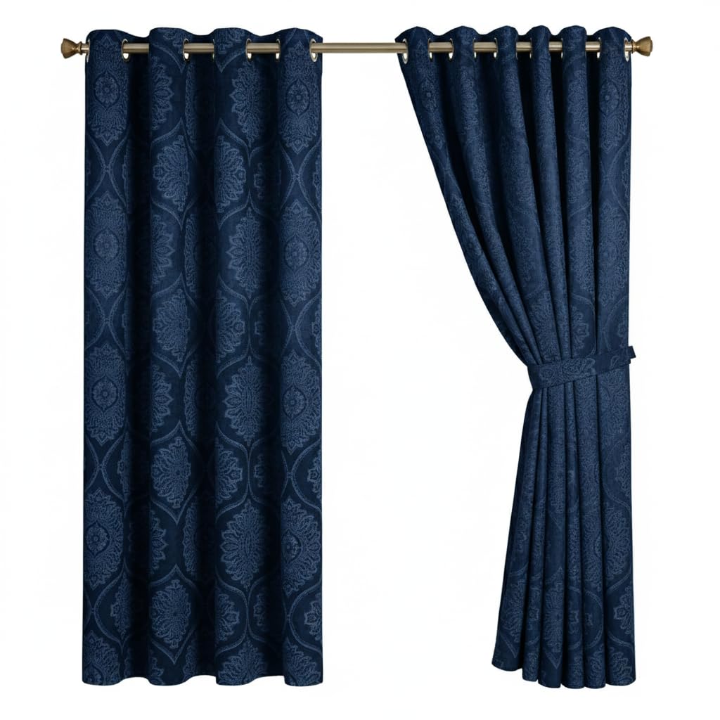 Opulent Dreams Damask Print Room Darkening Curtains - Thermal Insulated Eyelet Top with Tiebacks - Energy Saving Bedroom Drapes, Set of 2 Panels (Navy, 46" x 54" (116 x 137 cm))