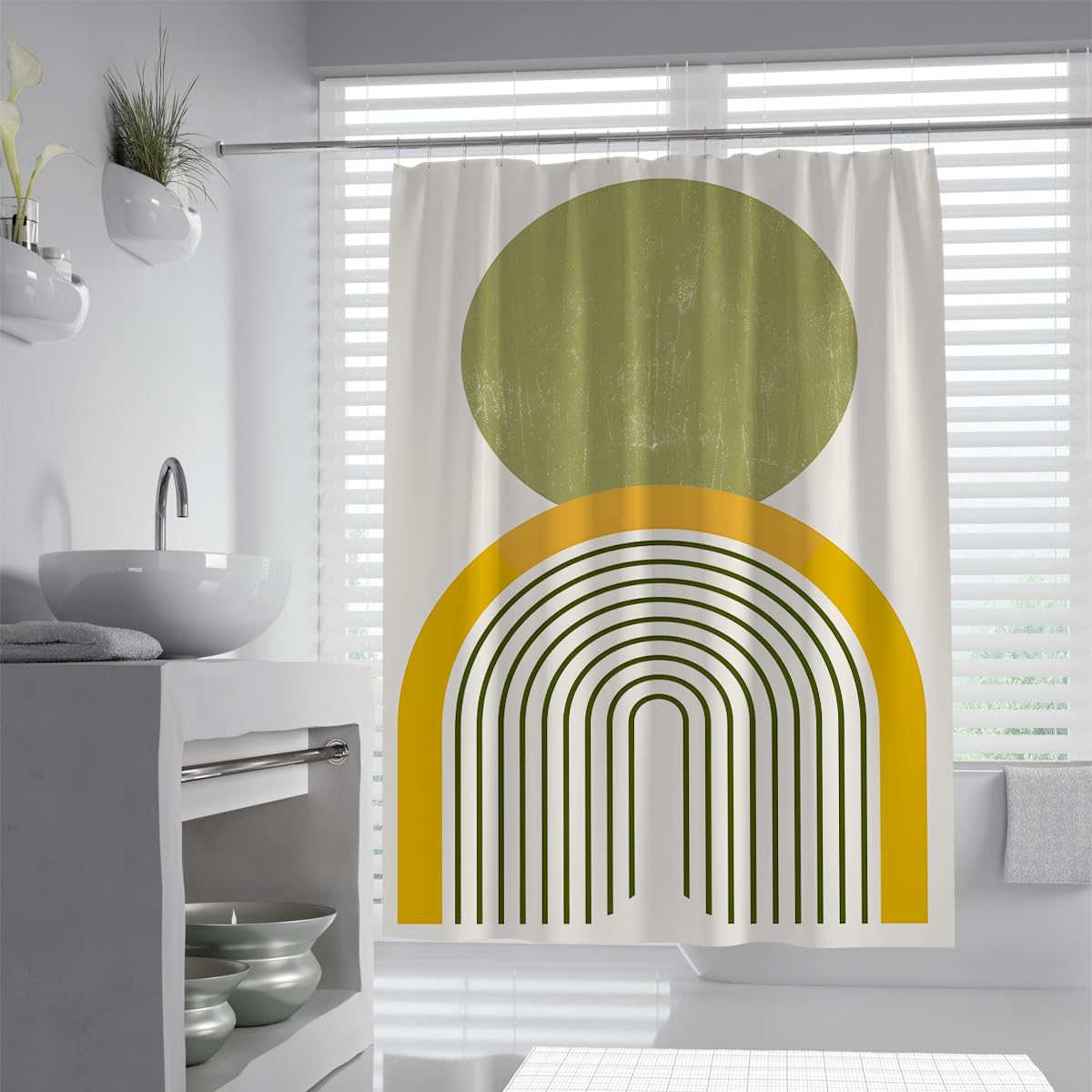 UIRINGART Boho Geometric Arch Shower Curtain W120xL200cm Mid Century Modern Sun Mustard Olive Green Fabric Waterproof Quick Dry Rustproof Grommets Bath Screen With Hook
