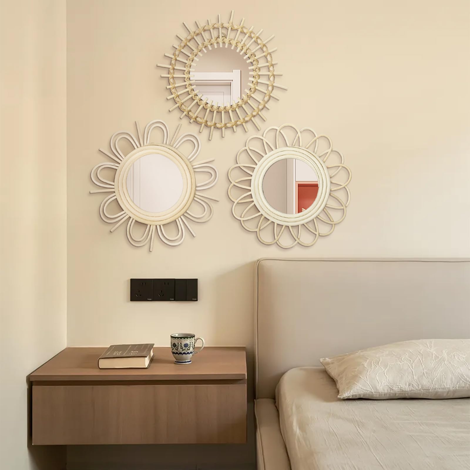 Oairse Specchio da parete rotondo in rattan, 3 pezzi, specchio in legno rustico, specchio decorativo da appendere per casa, bagno, soggiorno, ingresso, camera da letto