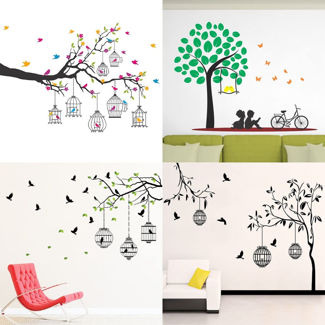 Merical Set of 4 Branches Flowers & BirdCages, Flying Birds & case, Bird case Black, Kids Under Tree Wall Sticker for Wall Dcor, Living Room, Children Room