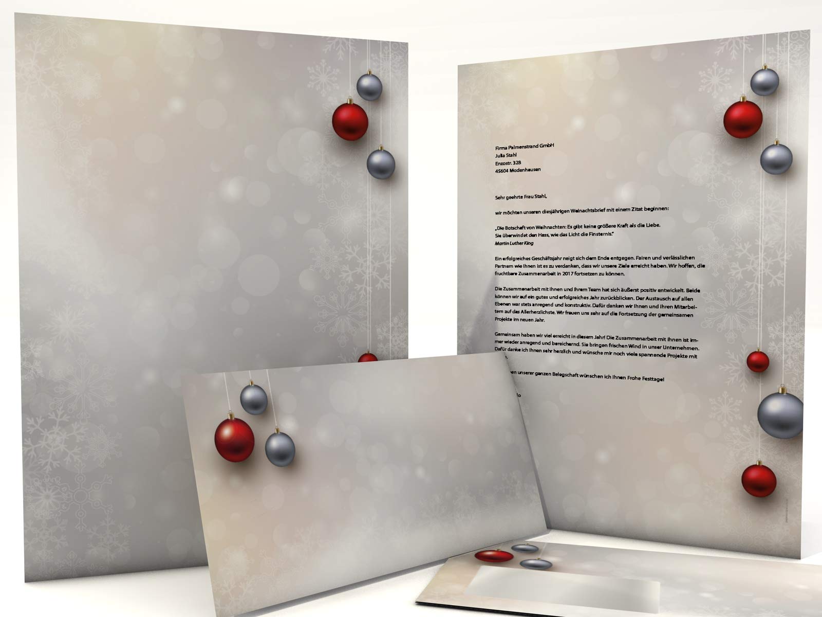 Weihnachtsbriefpapier-Set 100 Blatt A4 + 100 Kuverts mit Fenster | Weihnachtskugeln Rot/Silber | 90g/m² | DIN LANG-Kuverts | Laser/Ink/Copy/Hand | Made in Germany | inkl. Textvorlagen-Download