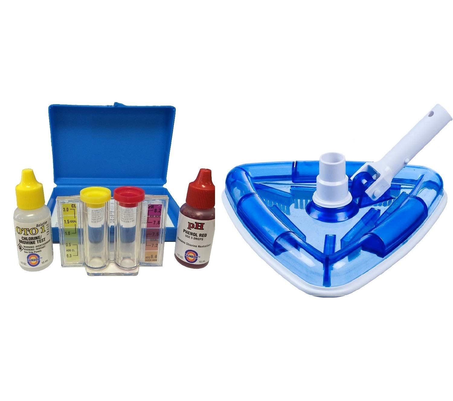 WATERTECH SYSTEMS 11" Triangle Weighted Swimming Pool Test Kit with Vacuum and Spa Head Cleaner (Blue)