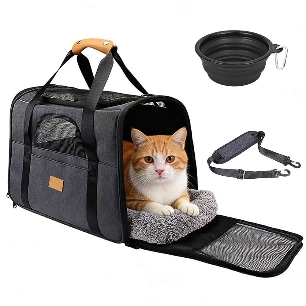 Ccarzzi Foldable Cat Carrier Portable Large Pet Carrier Travel Bag Top Opening with Breathable Mesh, Removable Mat, Foldable Bowl, Shoulder Strap, for Cats and Dogs Under 8KG