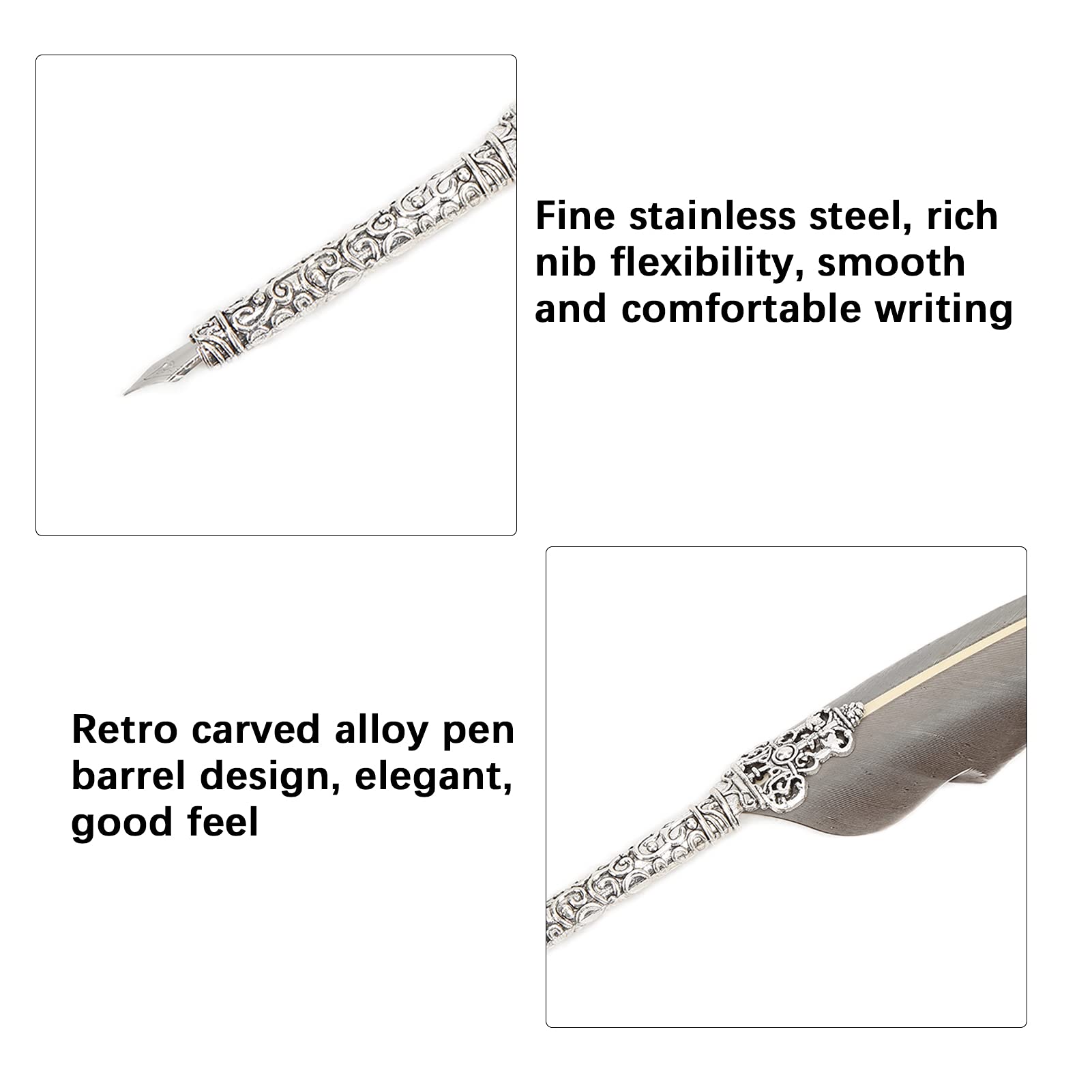 Ensemble de stylos de calligraphie avec plume en acier inoxydable et support en alliage sculpté rétro, et stylo plume en métal pour l'écriture, le dessin (SFDPS038031 Plume grise pointue)