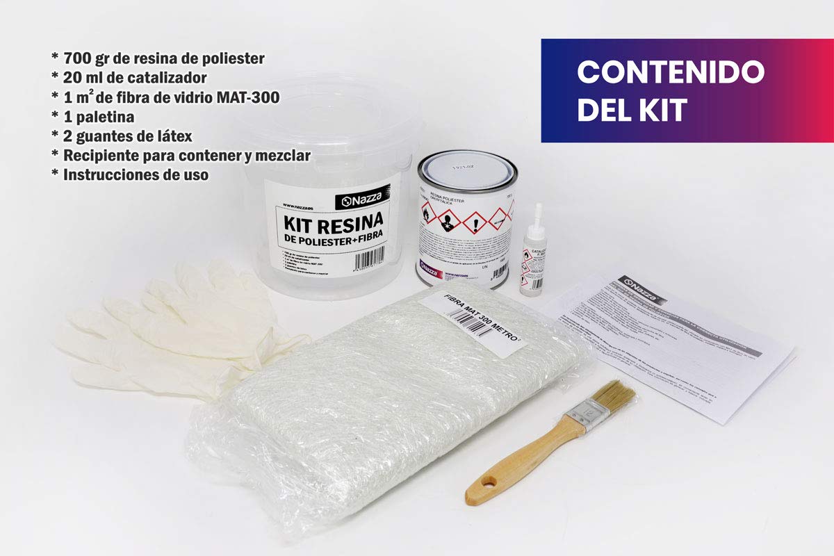 Kit de Resina de Poliéster 1 kg + Fibra de Vidrio Nazza Incluye Resina Peróxido de MEK Guantes Paletina Instrucciones Vaso