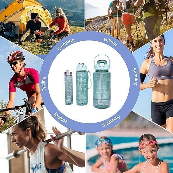 Image of TRANSPARENT 3-Pcs (2000ML-900ML-300ML) Water Bottle with Straw & Time Marker | Leak-Proof Sports Bottle for Gym, Office, School | Break-Resistant Silicone Bottle for Daily Hydration (Blue)
