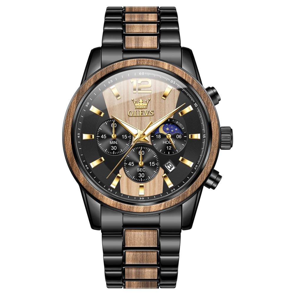 OLEVSMen Watch Blue Gold Analog Quartz Stainless Steel Waterproof Luminous Date Luxury Casual Watch