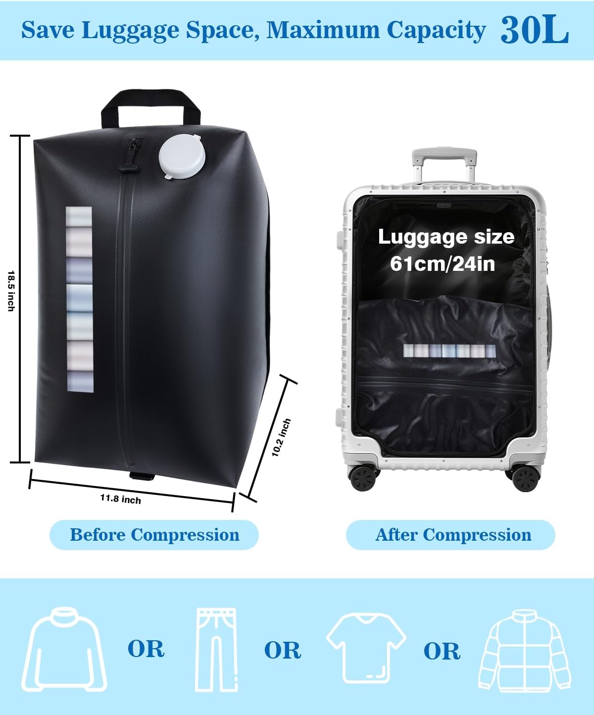 2025 Professional Vacuum Bags with Built-in Pump, 30L Vacuum Seal Bags with See-through Window, Space Saver Bags for Clothing Travel IP67, Reusable Compression Bag (Black 1PC) - Image 2