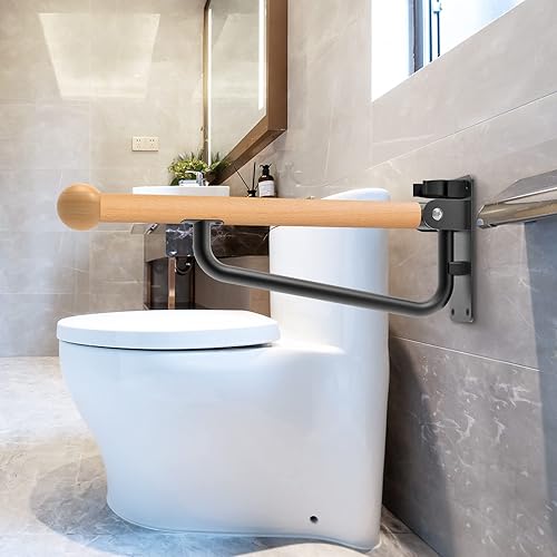 Miniatura 5 de Dolibest Barra de seguridad para inodoro de 24 pulgadas, barra de agarre plegable para inodoro, barra de agarre de madera montada en la pared para