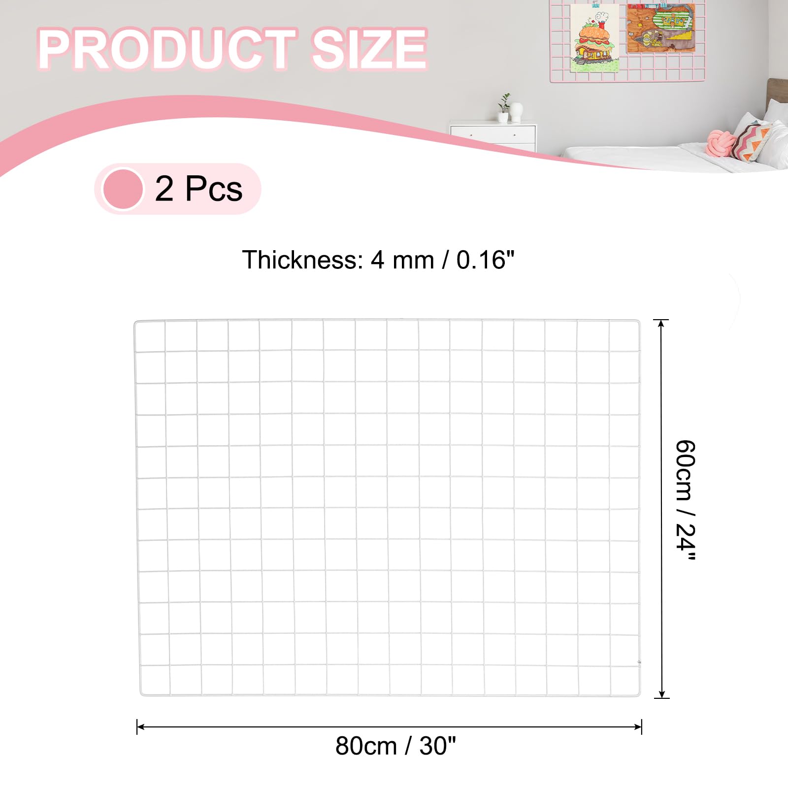 PATIKIL 80x60cm Wire Grid Panel, 2 Pack Board Photo Pictures Memo Display Grid Panels Hanging Organizer Wall Decorative Panel for Home Office Wedding, White - Image 2
