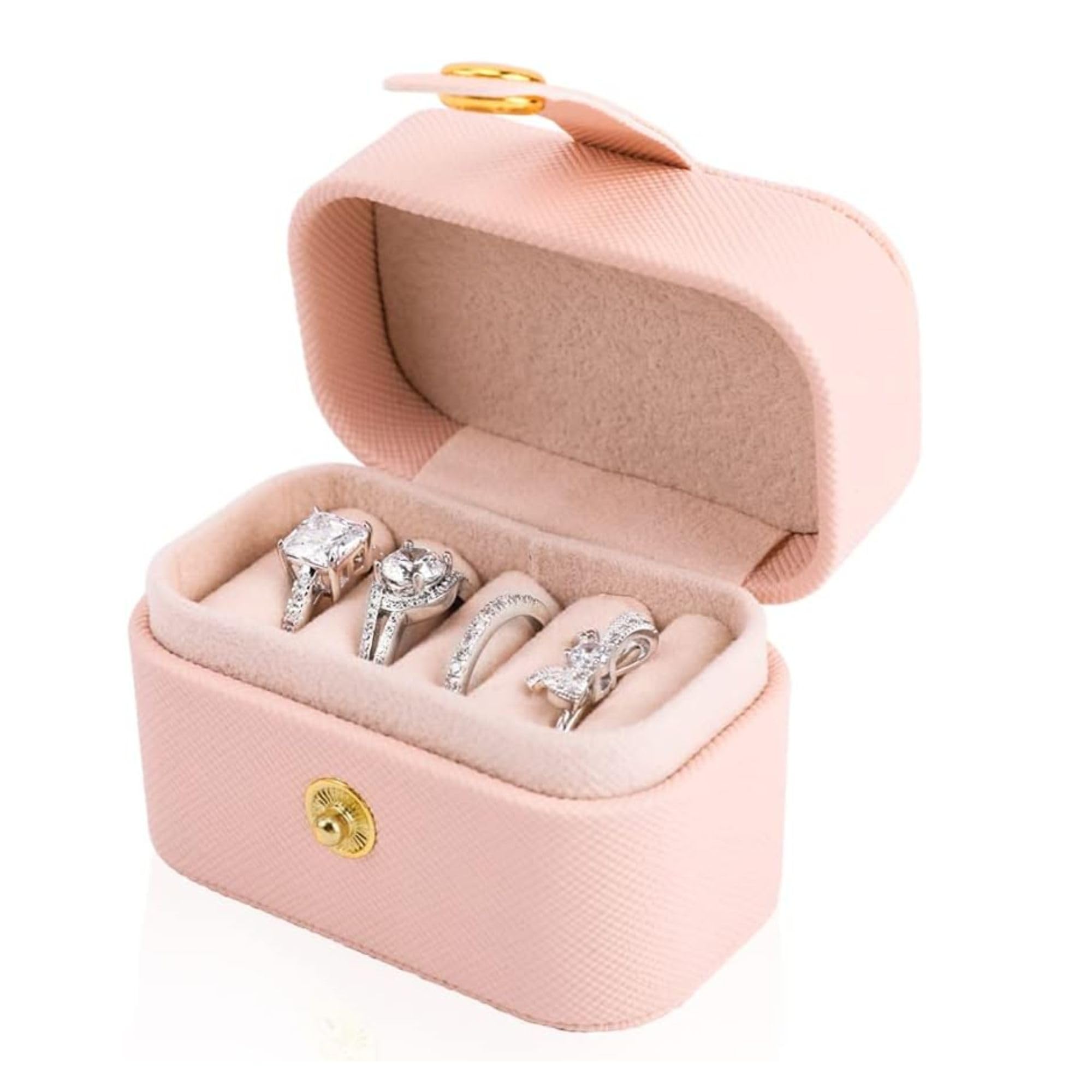 Gowloz Mini Ring Jewelry Box (Faux Leather, Pink, 6.5 x 4.7 x 3.9 cm) – Small Travel Case Organizer for Rings & Earrings – Portable Compact Storage Box for Women & Girls