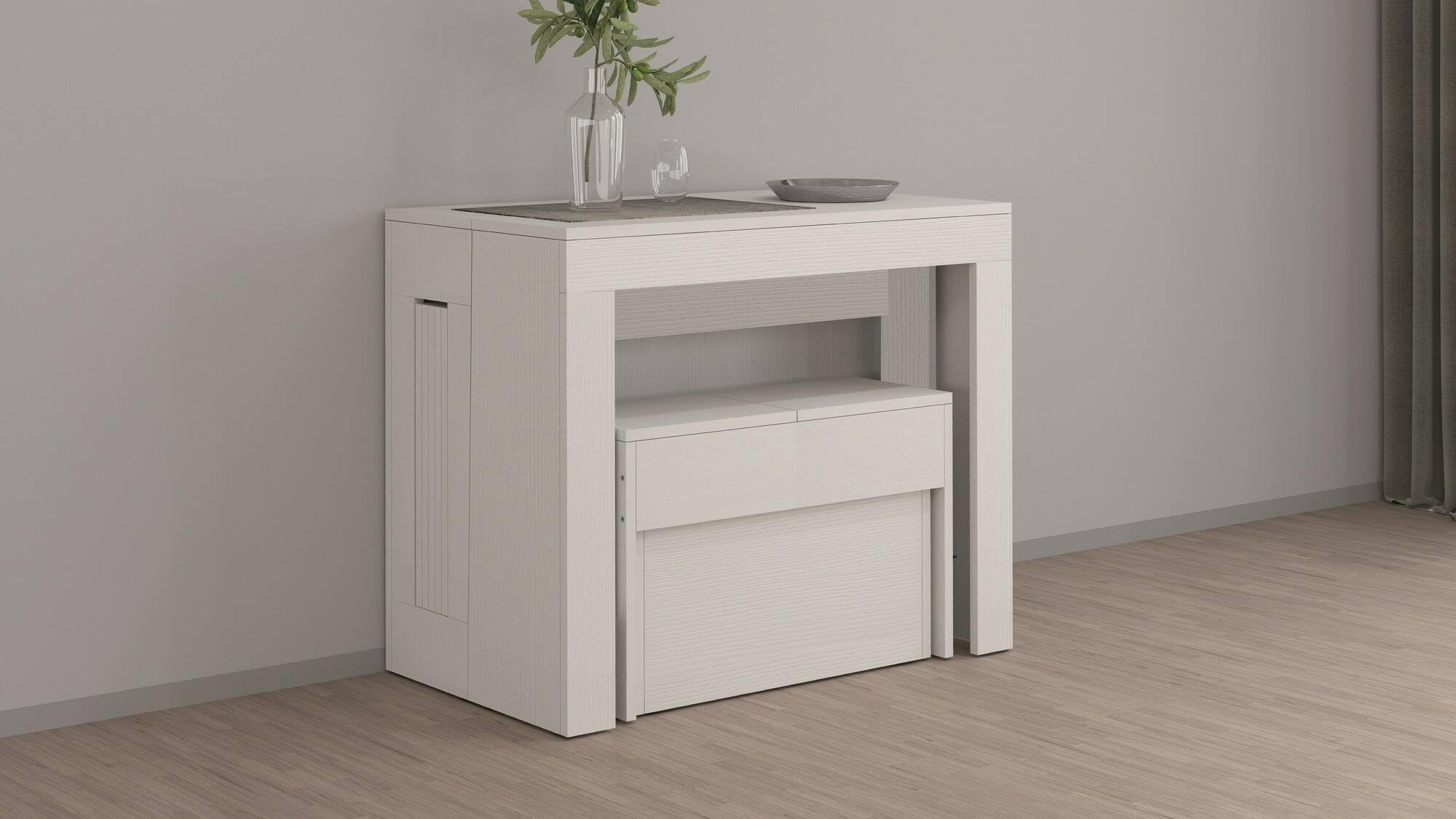 Dmora - Set tavolo e sedie Crispin, Composizione multiuso, Set con consolle e 1 panca allungabili, 100% Made in Italy, 66x25h45 cm, Bianco