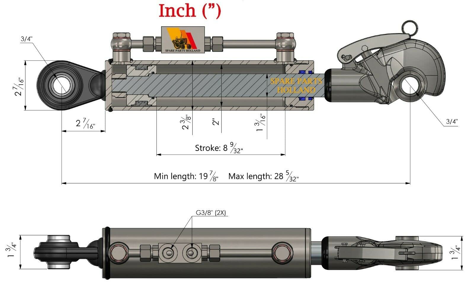 Terzo punto idraulico per trattore CAT 1 + 1Gancio di Cattura 19 7/8" - 28 5/32" Bloccaggio Blocchi Tubi Corsa 8 9/32"