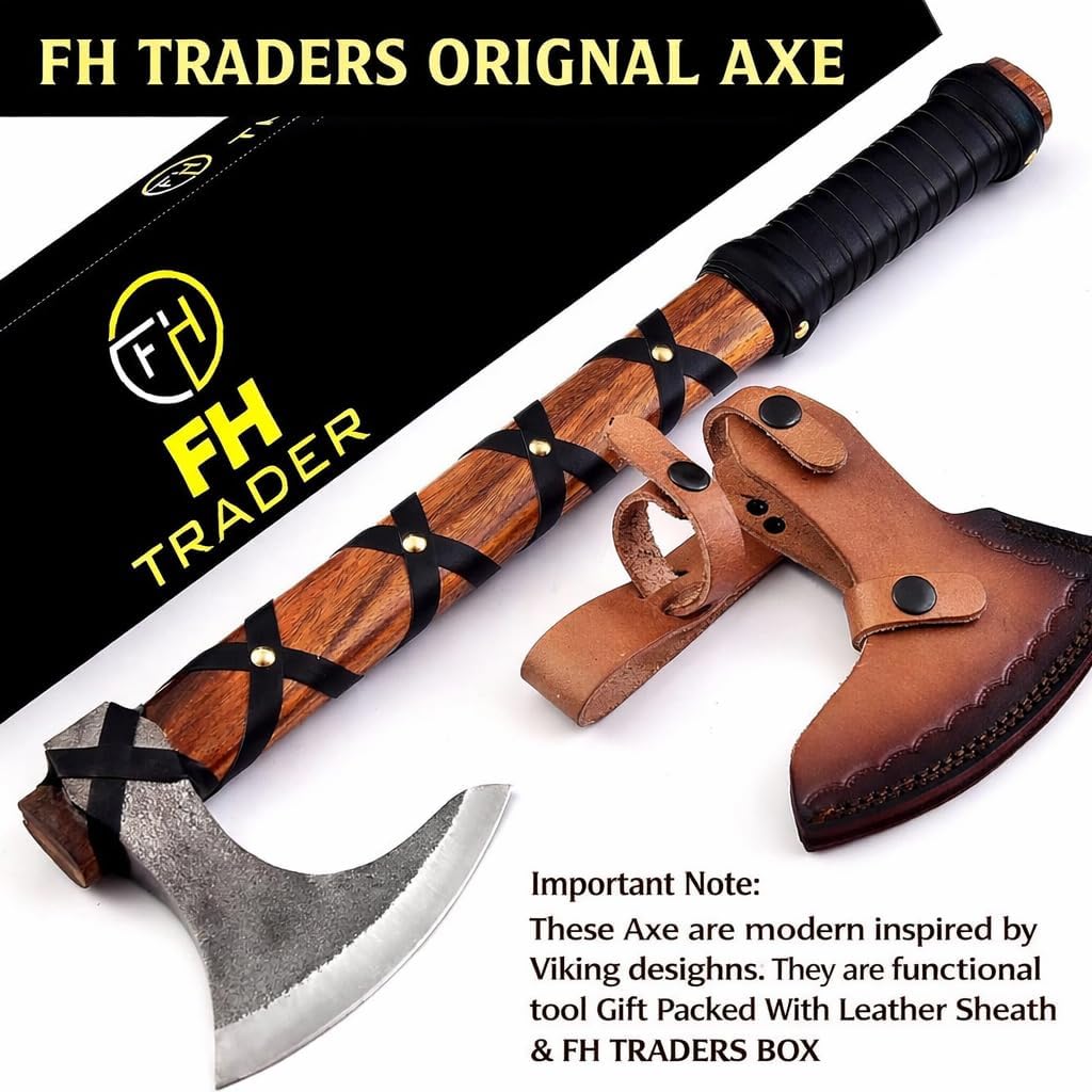 Viking Axe of Ragnar Lothbrok Hunting Axe with Rosewood Handle - Hand-Forged High Carbon Steel Sharp Blade, Handmade Camping Axes, Hatchet-Norse Ax, Tomahawk Vikings Bearded Axes, with Leather Sheath - Image 2