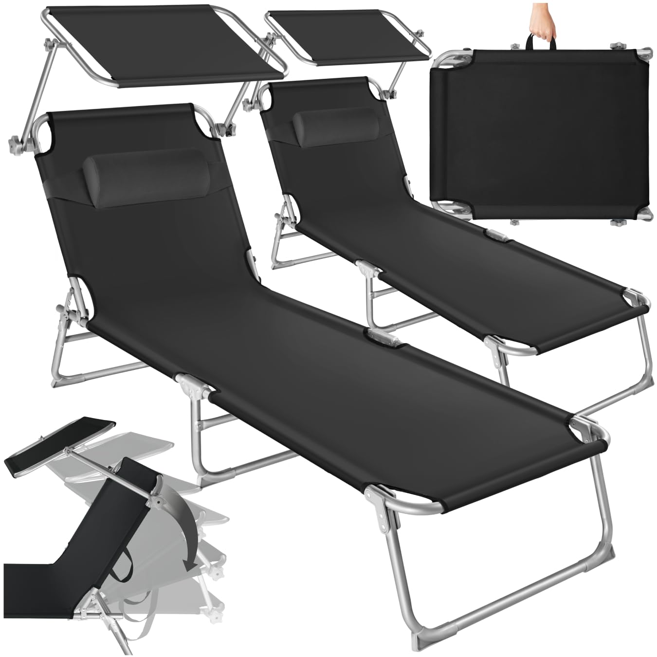 tectake 2er Set Sonnenliege - leicht und klappbar, leichte Liege für Camping und Garten, Perfekter Liegestuhl mit Dach, transportable und zusammenklappbar mit Griff