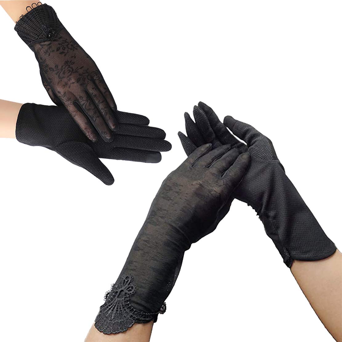 2 Pairs Summer Women Lady Outdoor Uv Protection Gloves Elegant Stylish Cotton/Lace Sexy Mesh Lace Flower Mittens(1 long and 1 short gloves)
