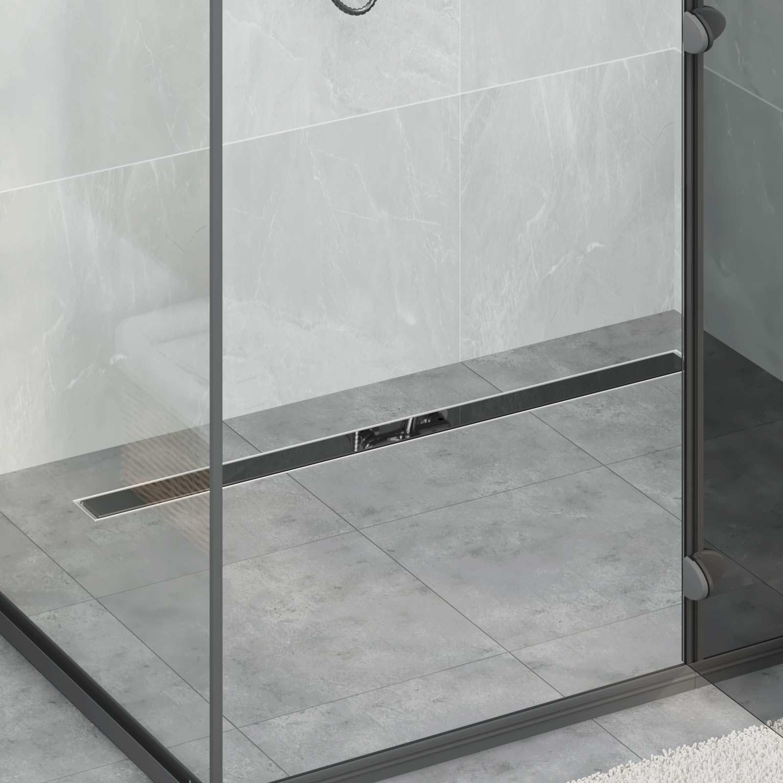 Canalina per doccia in acciaio inox, 100 cm, nera, con copertura in vetro, sifone girevole a 360°, scarico a pavimento per docce senza barriere, con piedini regolabili in altezza