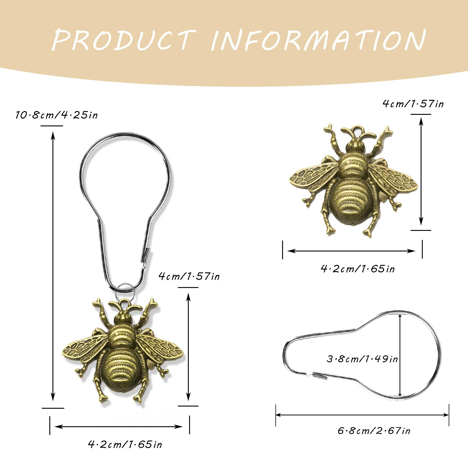 YRMLYMOP Bee Shower Curtain,12pcs Bee Shower Curtain Hooks Bee Bathroom Decor Shower Curtain Hooks Cute Bee Bathroom Set Garden Insect Flowers Spring Theme Bathroom Decor (Bronze)