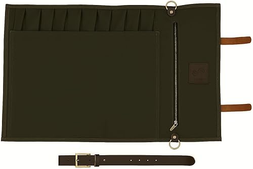 Miniatura 6 de EVERPRIDE Impresionante bolsa de lona encerada en verde oscuro intenso con ribete de cuero genuino. Bolsa de rollo de cuchillo de chef profesional