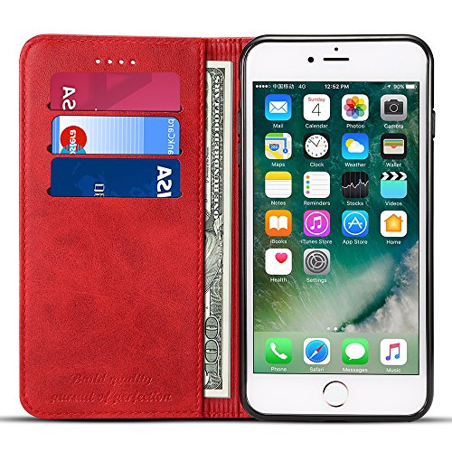 Iphone 6 Plus/6s Plus Leather Wallet Phone Case Iphone Case with Card Holder Kickstand Protective Flip Cover Red Cover