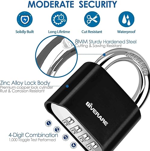 Miniatura 3 de Cerradura de combinación de 4 dígitos, candado de metal resistente, cerraduras de aleación para exteriores con grillete de acero endurecido,