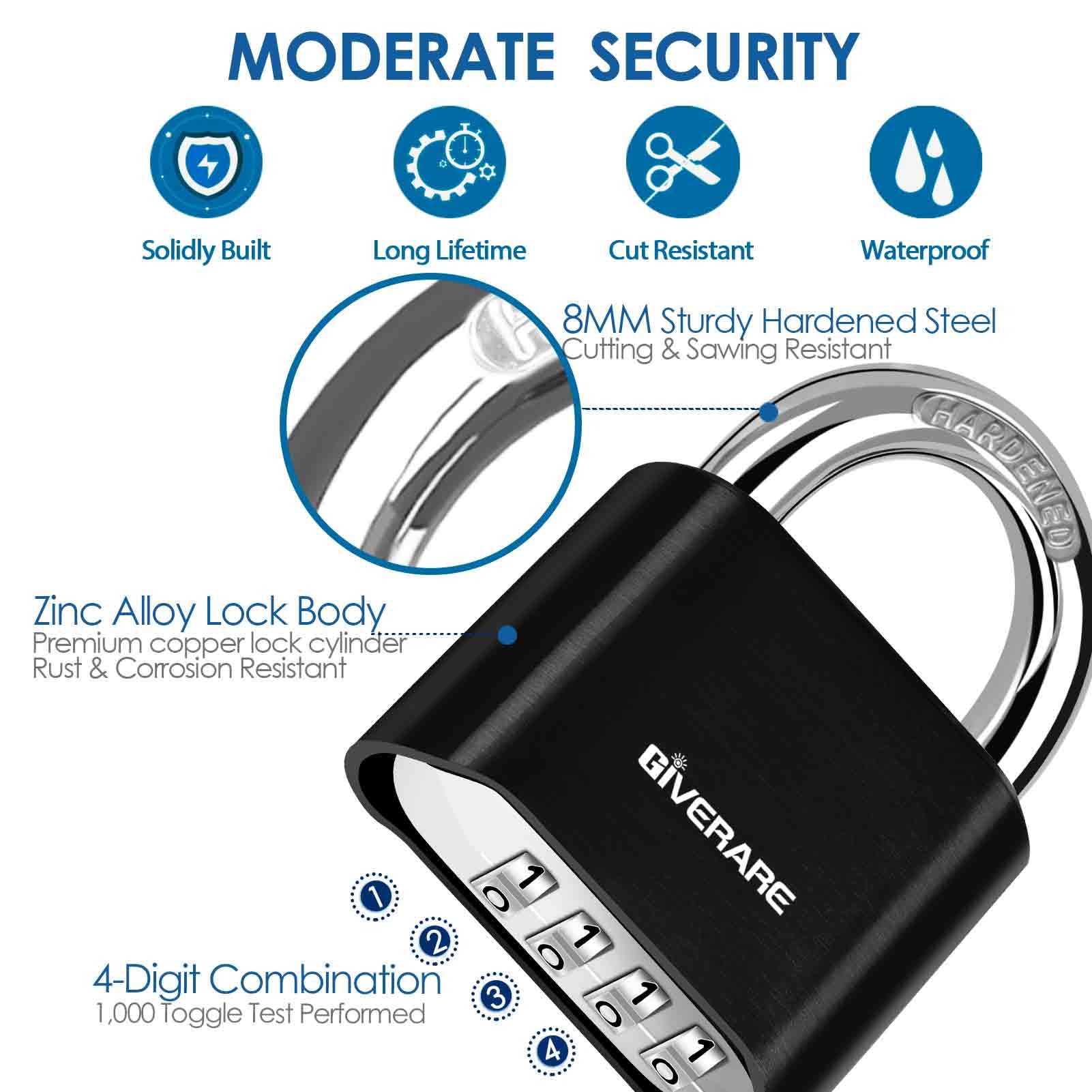 GIVERARE 4-Digit Combination Padlock - Heavy Duty Alloy Lock With Hardened Steel Shackle, Weatherproof For Gym, Locker, Gate