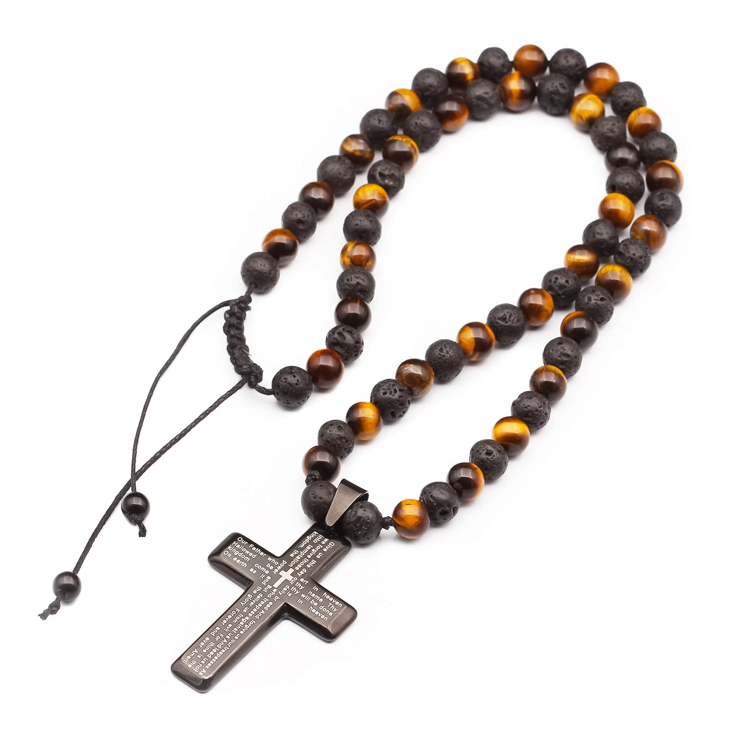 HandmadeCross Necklace & Natural Tiger Eye Black Lava Gemstone Protection Beaded Long Macrame Adjustable Necklace Gift For Men's Christmas Gift