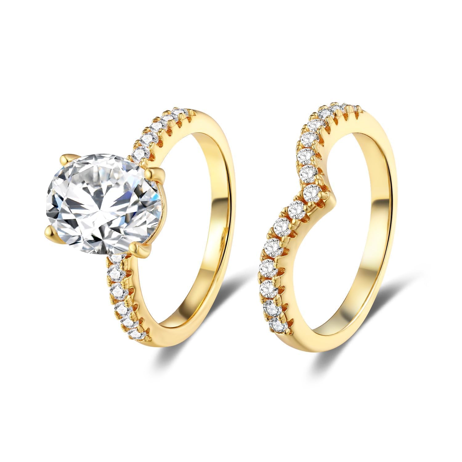 MDFUN 18K Gold Plated Promise Eternity Ring for Women, 7 * 9mm Oval Cubic Zirconia Two-in-One Rings Wedding Band Engagement