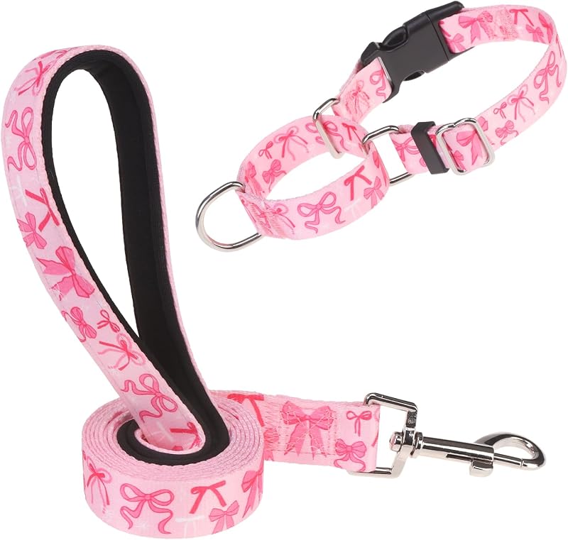 Coleira Martingale para Cães com Guia e Laço Rosa ESGPET Pink Bow L