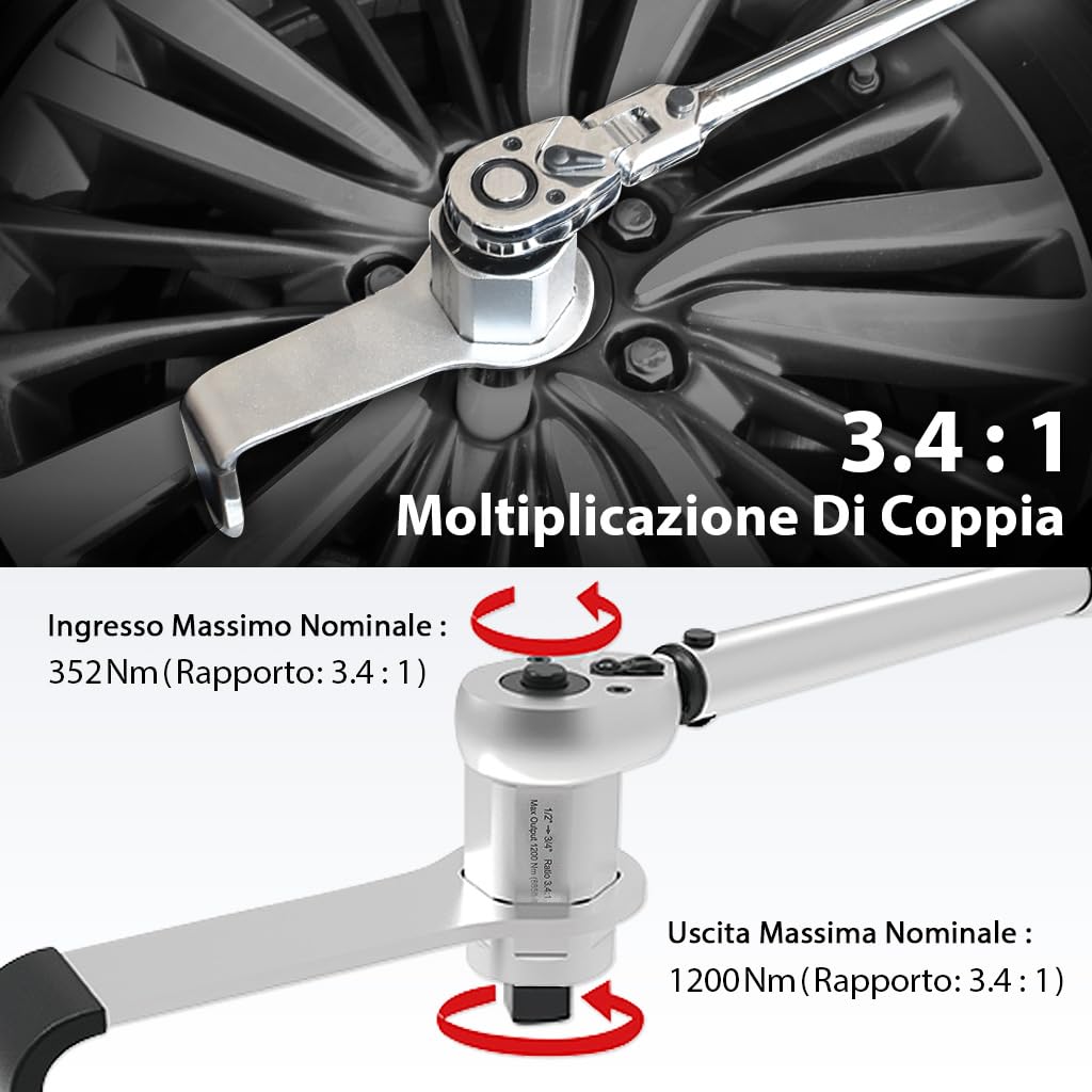 FIRSTINFO F3220DF2 | Moltiplicatore di Coppia Manuale 1200 Nm 3,4:1 | Chiave con Adattatore da 1/2" Femmina a 3/4" Maschio | Per Dadi Ruota e Manutenzione Auto