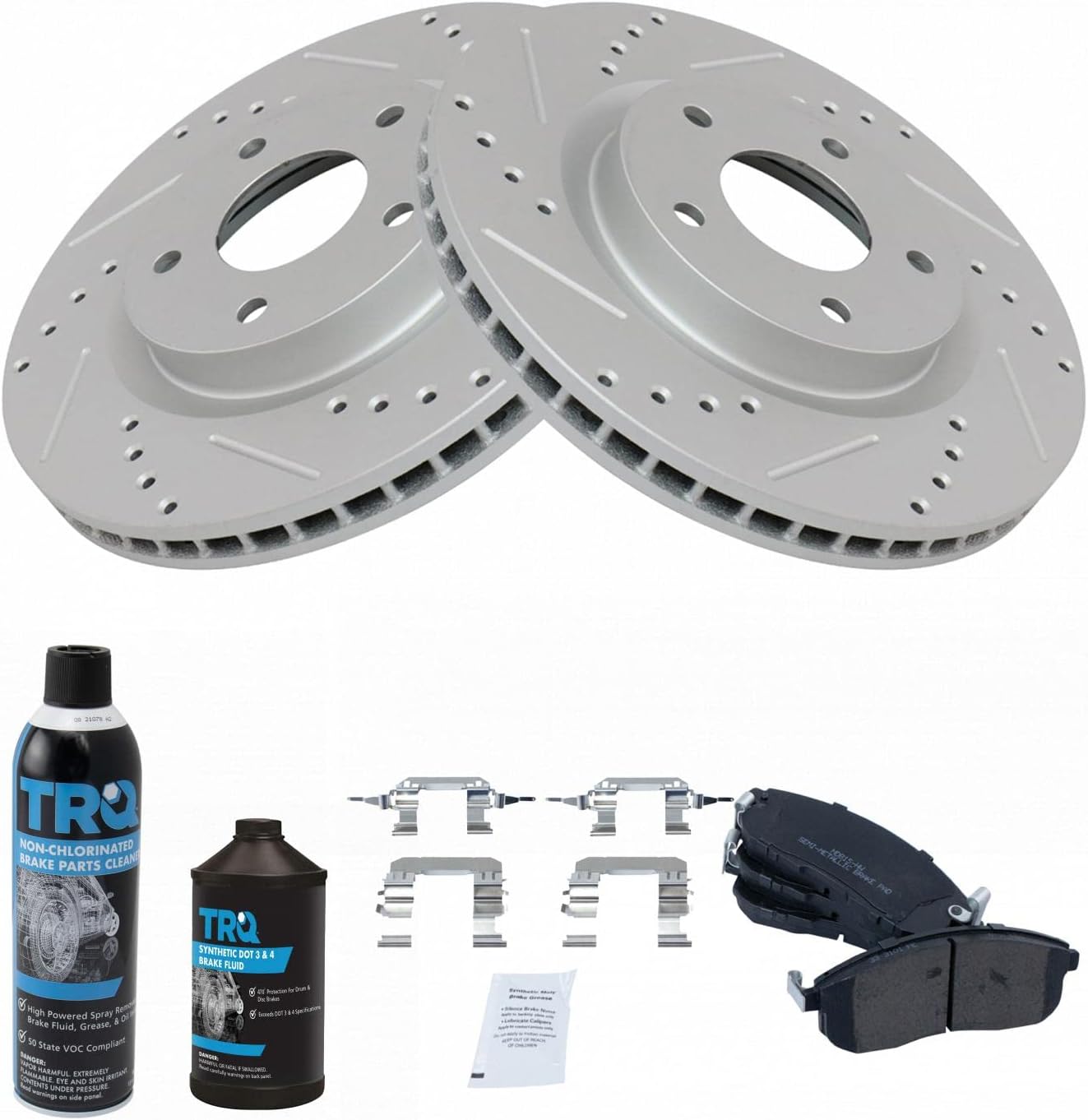 TRQ Front Performance Brake Pad & Rotor Kit Brake Chemical Kit Brake Pads Brake Rotors Set Semi-Metallic Premium G-Coated Compatible with 2007-2012 Nissan Sentra