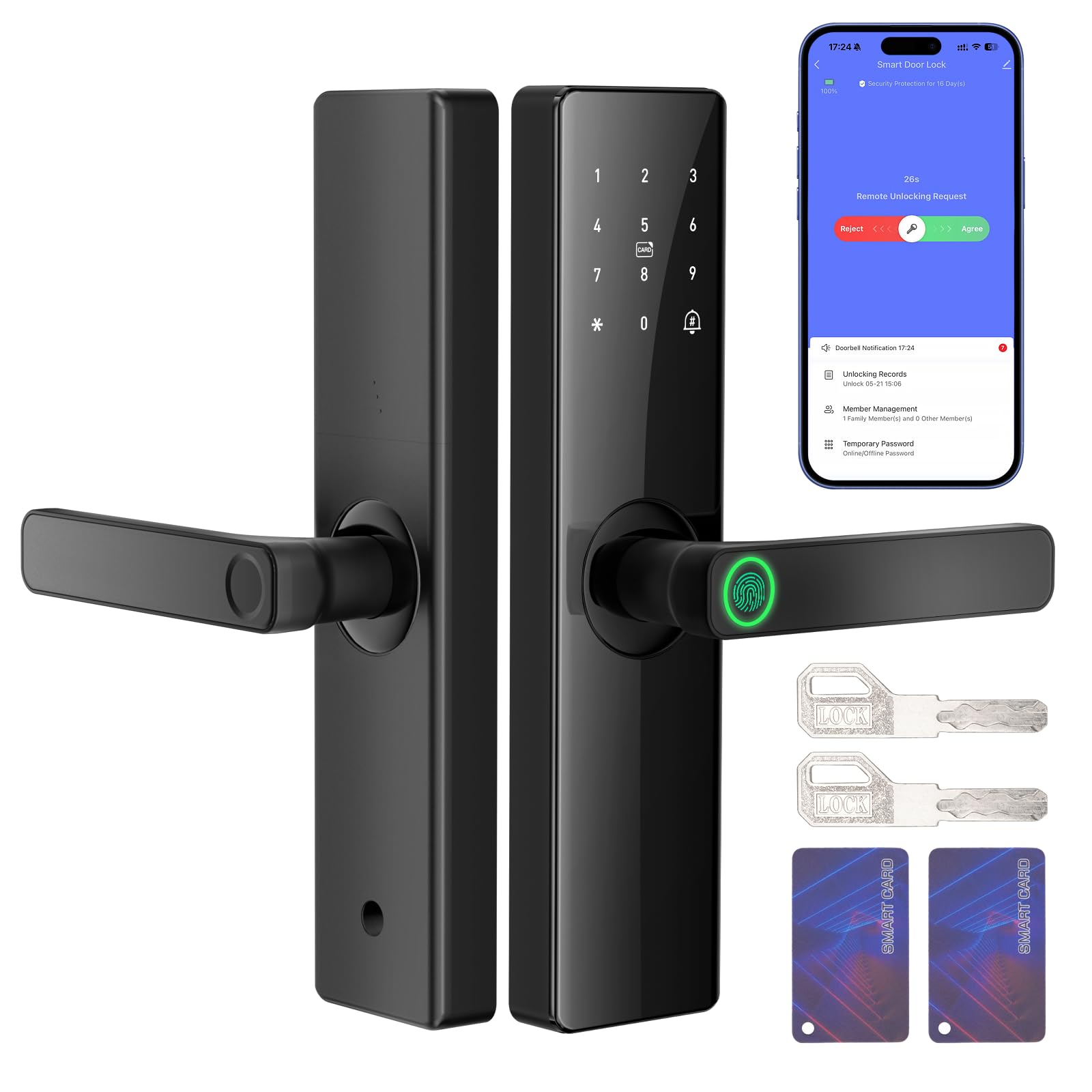 Smart Fingerprint Door Lock, Keyless Entry Front Door Lock Deadbolt with Doorbell, Smart Mortise Lock Built in App Control, IC Card, Keys, Anti-Peep