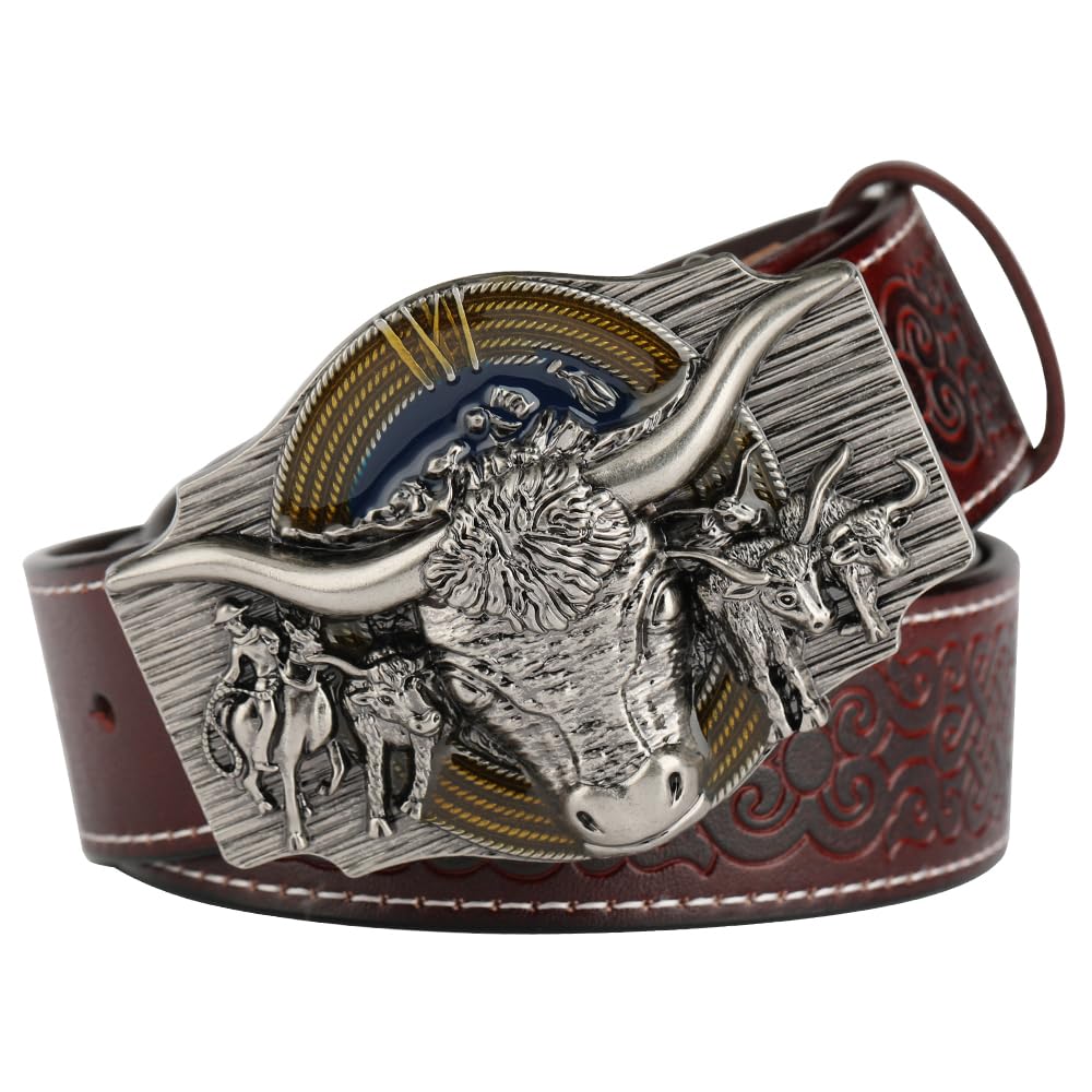 BDAYEK Men's Belt Men's Western Cowboy Belt Reddish Brown Floral Longhorn Engraved Cowhide(A Reddish Brown,105Cm/41.3In)