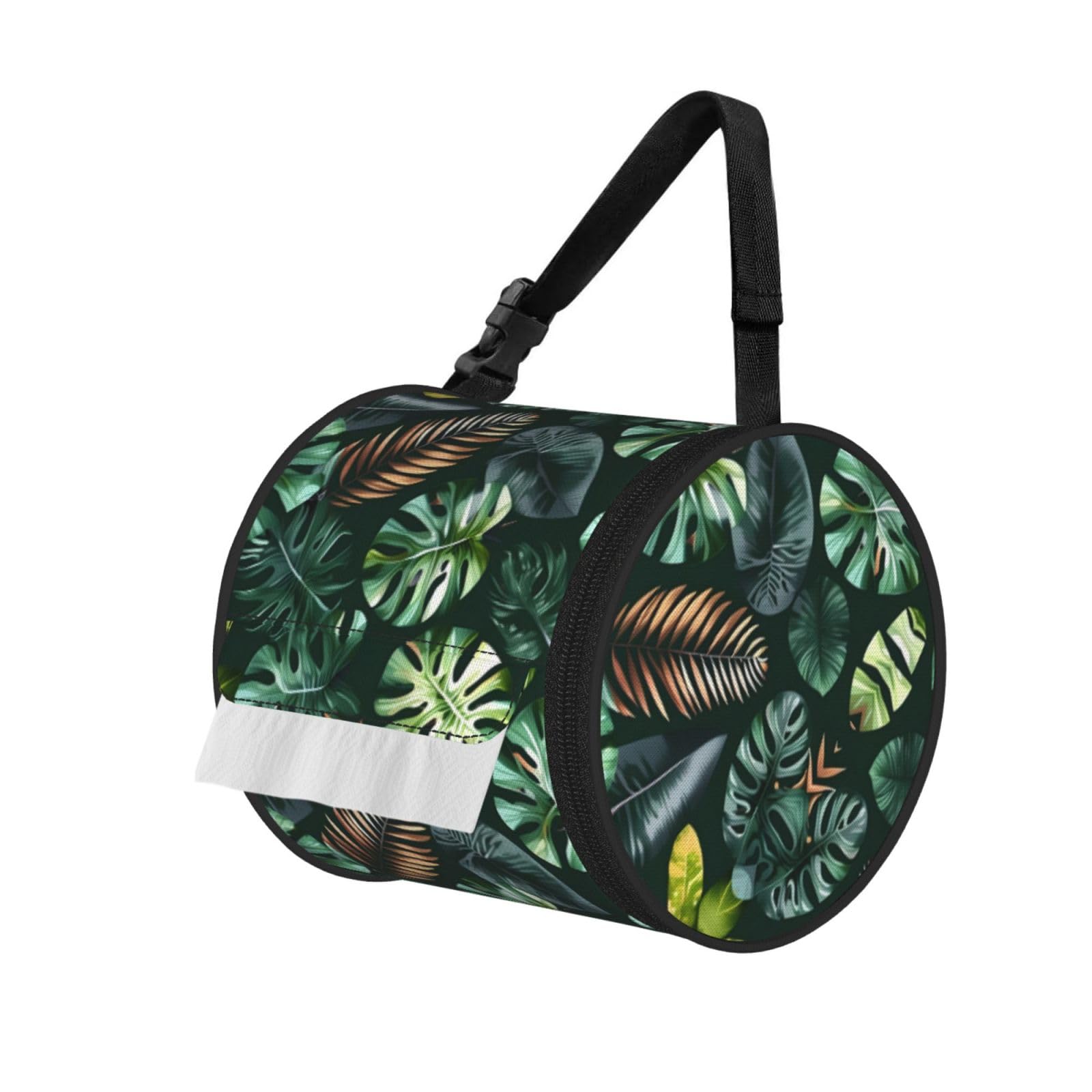 Jiuty Black Tropical Leaves Print Cylinder Tissue Organizer Bag With Strap, Portable Toilet Roll Holder For Camping Car