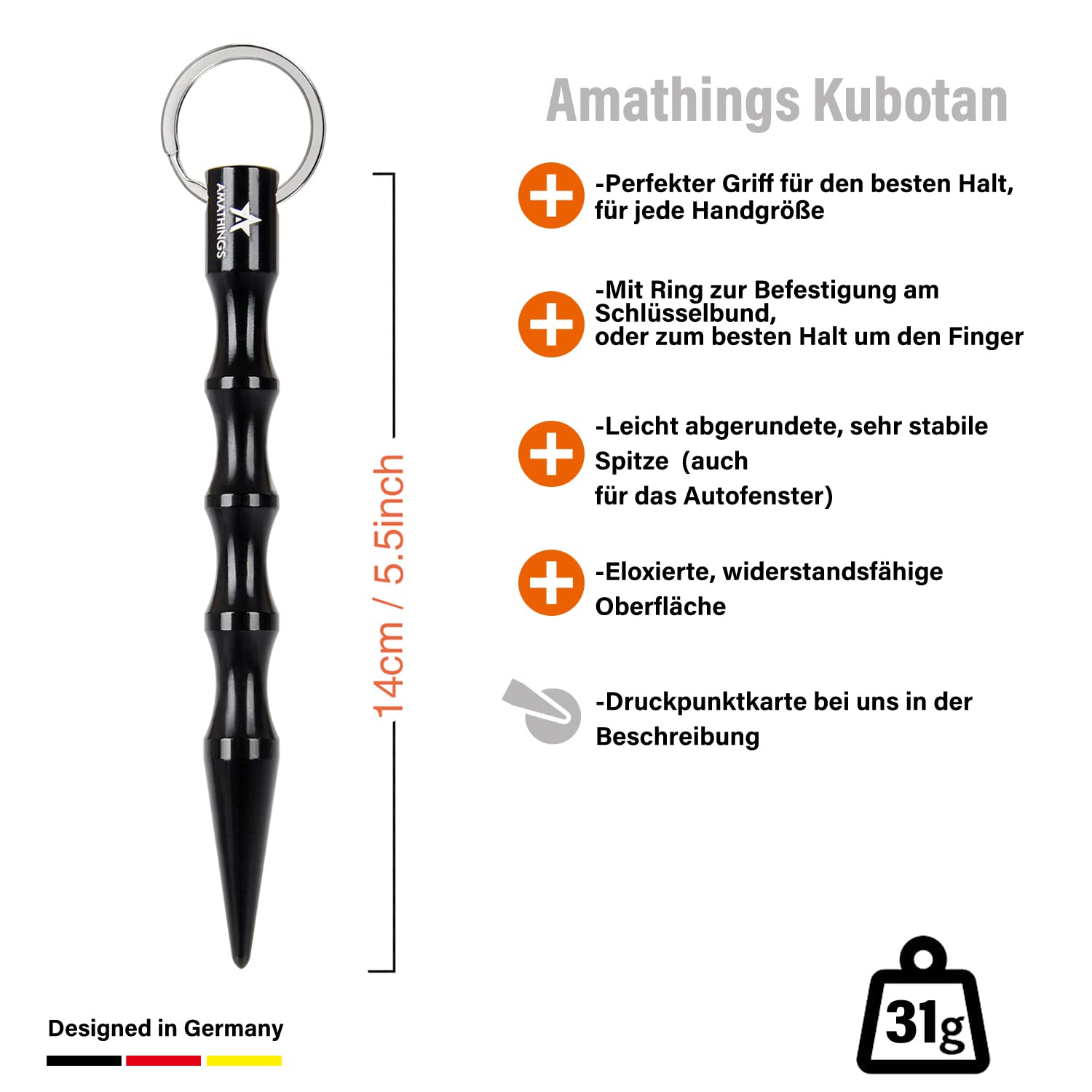 AMATHINGS Zestaw bezpieczeństwa 2w1: 130 dB alarm kieszonkowy i ergonomiczny Kubotan – kompleksowa ochrona dla kobiet i seniorów – Dyskretny zestaw do samoobrony do torebki i breloczka – Czarny