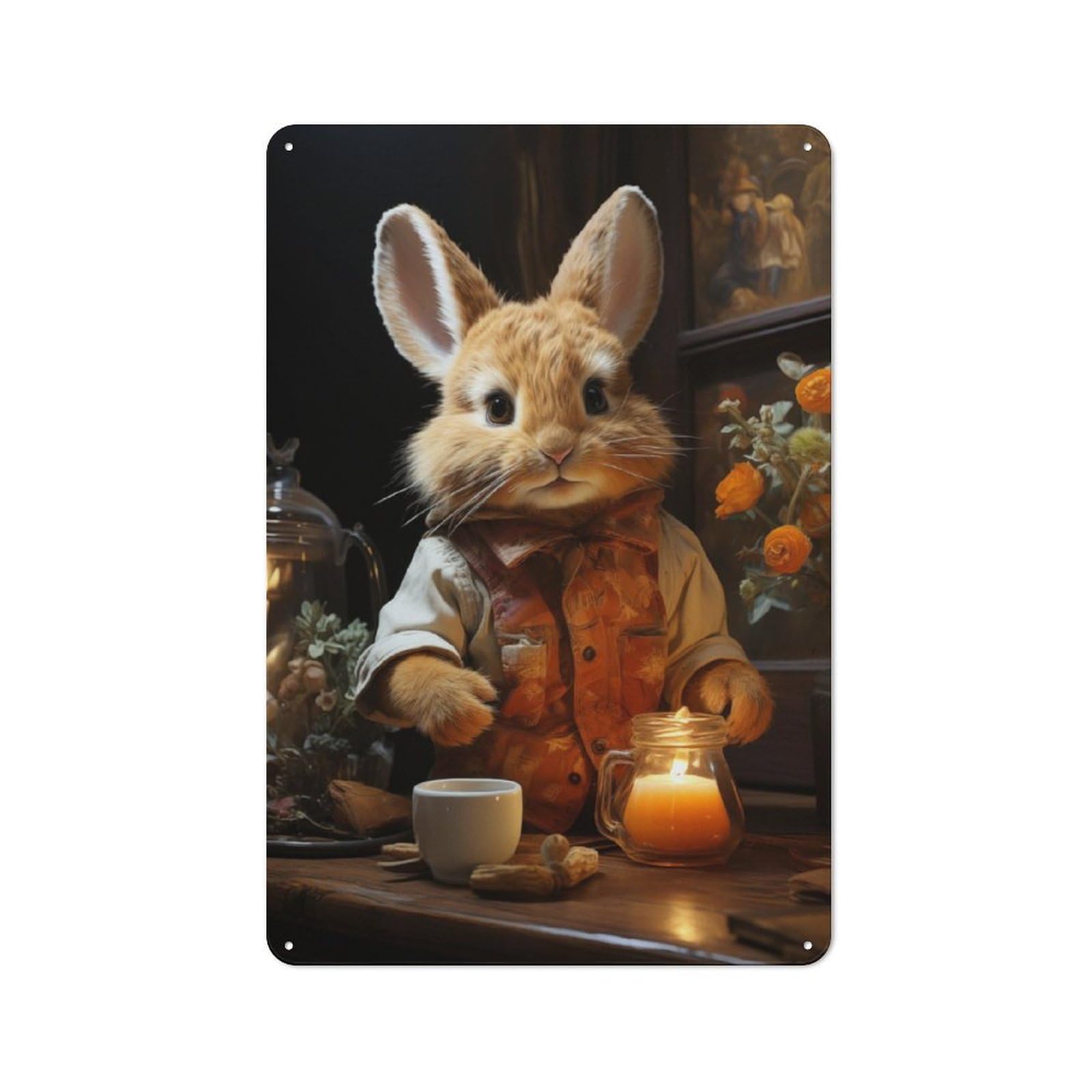 Junmoney Cute Bunny Tea Time Metal Sign 30X20cm With For Pub Or Café, Vintage Decor, For Metal Sign Collectors, For Garage And Workshop Walls