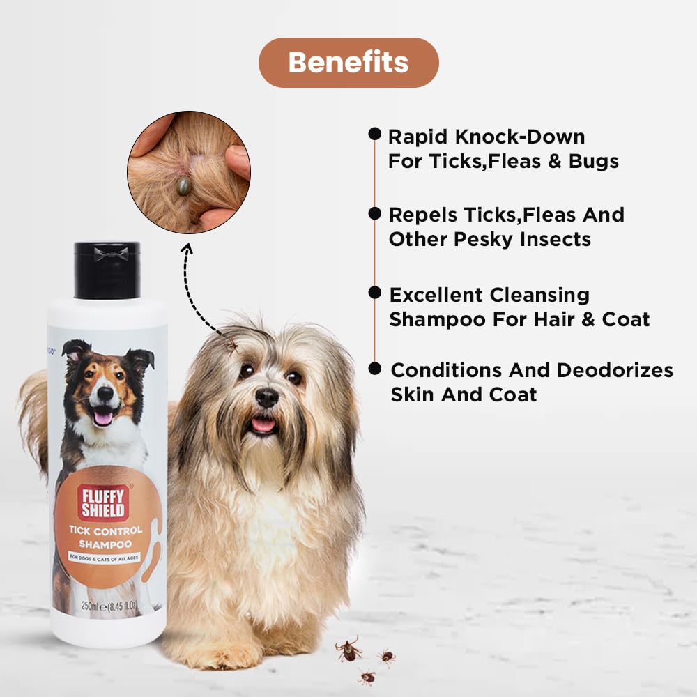 FluffyShield Tick Control Shampoo for Dogs & Cats | IR 3535 Formula by Merck | Long-Lasting Protection Against Ticks & Fleas | Safe for All Ages | 250ML 3