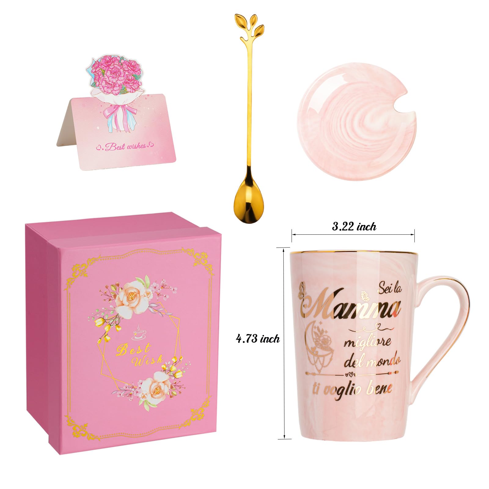 Tazza 400ml Ceramica Marmorizzata Rosa Regalo Mamma Compleanno Natale con Coperchio e Cucchiaio