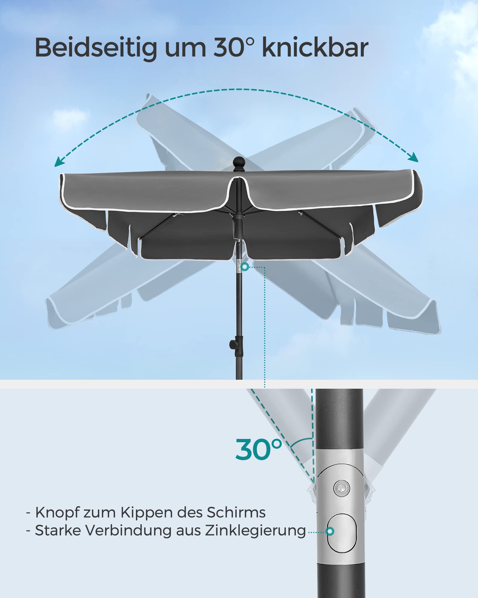 SONGMICS Sonnenschirm 200 x 125 cm, Balkonschirm UPF 50+, Sonnenschutz, beidseitig um 30° knickbar, höhenverstellbar, mit Aufbewahrungstasche, für Garten, Terrasse, ohne Ständer, grau GPU25GY