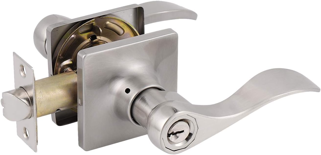 Probrico Keyed Entry Door Lever with Lock in Satin Nickel for Exterior Front Gate or Interior Doors Wave Shape Entrance Hardware Reversible for Right/Left Handed Sides, 1 Pack