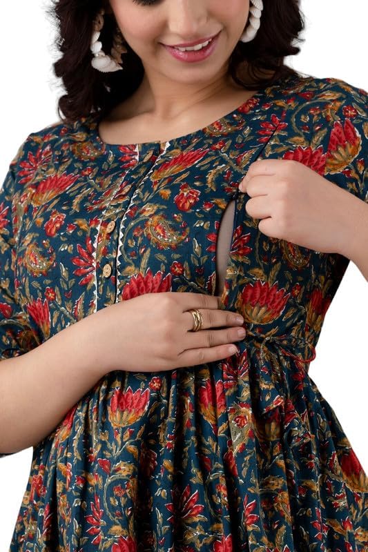 JAIPURFAME Stylish Women's Pure Cotton All Over Printed Kurti Gown, Maternity Dress, and Feeding Dress – Comfortable and Elegant Maternity Wear for Women