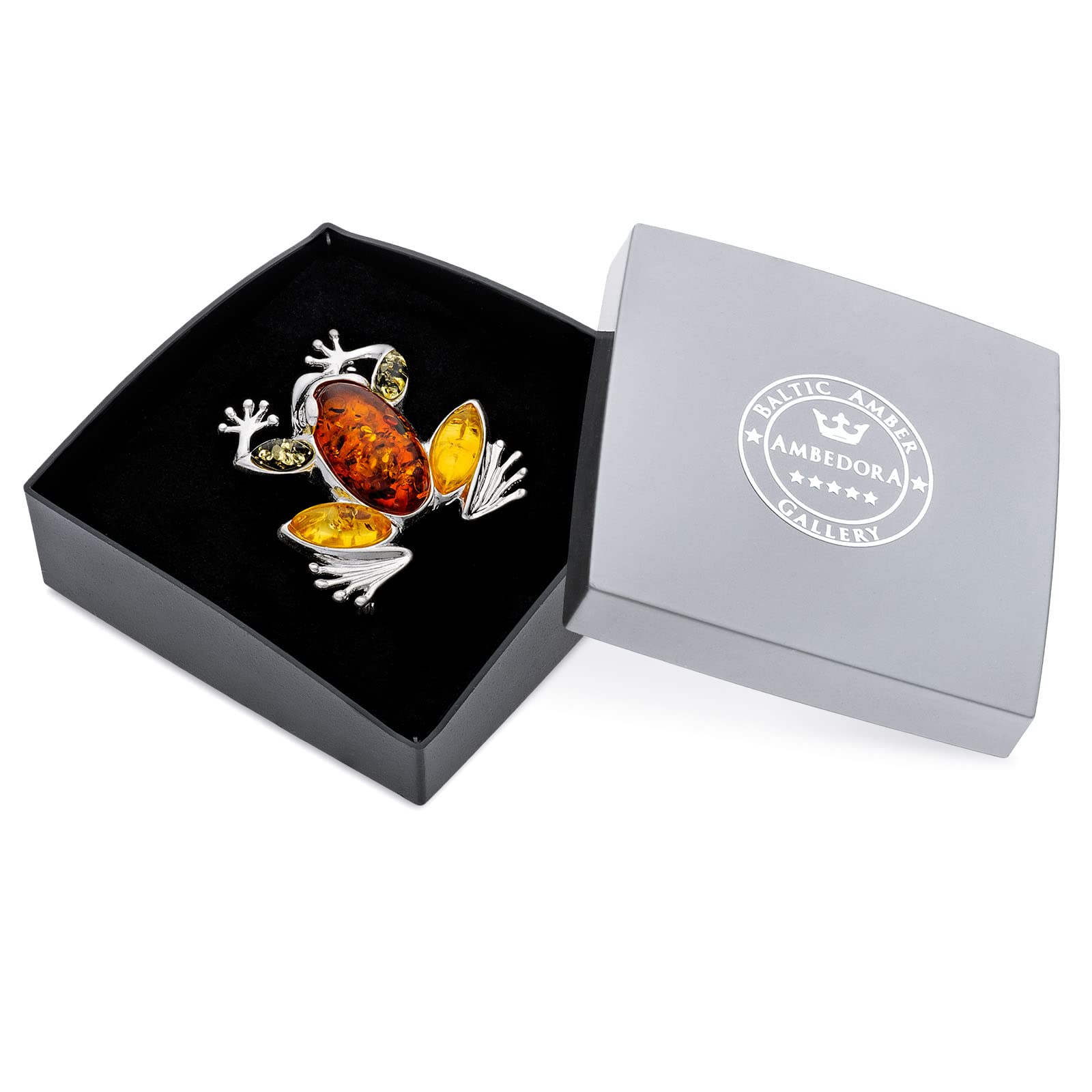 Damenbrosche Sterling Silber glänzend, farbiger baltischer Bernstein, große Froschlein brosche mit Bernstein in drei Farben, Sicherheitsverschluss, Geschenk-Set