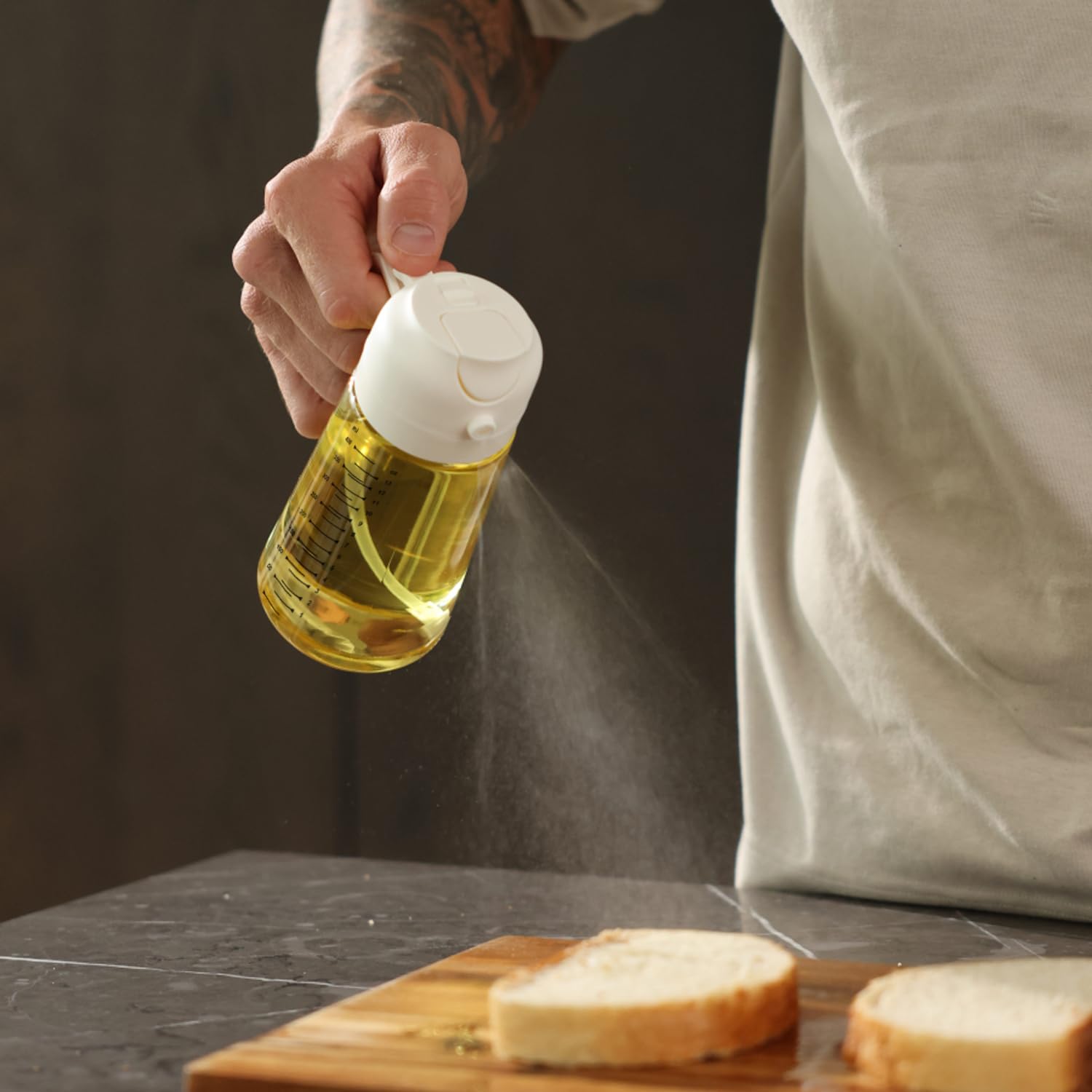 TrendPlain 470ml Olive Oil Spray Bottle for Kitchen Gadgets - 2 in 1 Olive Oil Dispenser Bottle and Air Fryer Accessories for Cooking, Salad and BBQ - White