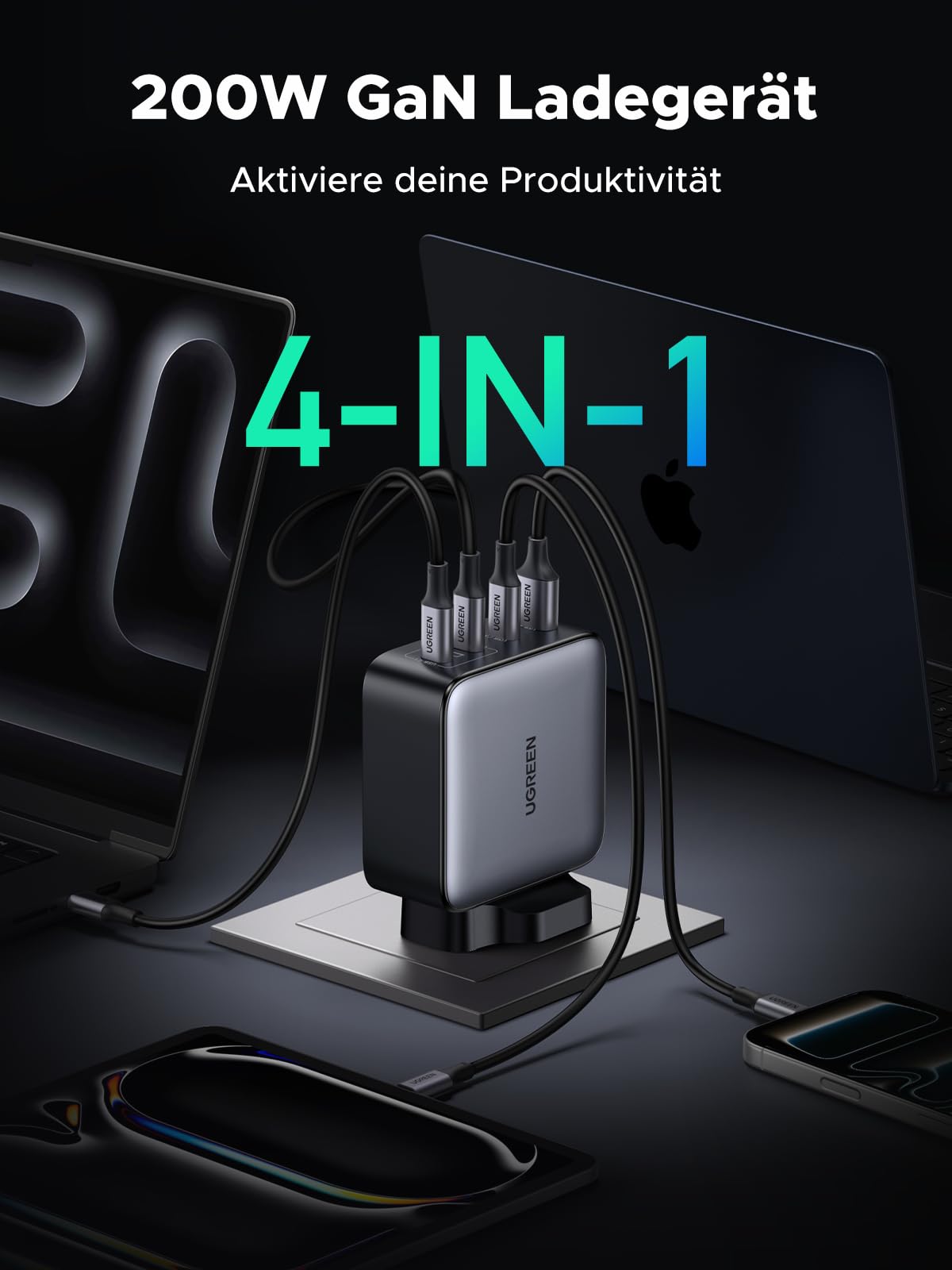 UGREEN Nexode 200W USB C Ladegerät, GaN Netzteil mit 4 Ports, Ultimativer 140W Schnellladeblock, Intelligente Leistungsverteilung, Kompakt & Universell für MacBook, iPhone 17-8, Galaxy Serien
