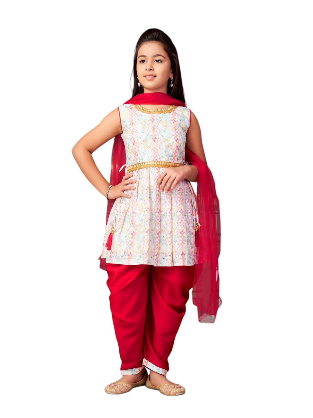 Aarika Girls Ethnic Wear Maroon-White Colour Sequin Embroidery Lace Work Polycrepe Kurti Patiala Set With Dupatta-3-13 Years (Pt-5010)