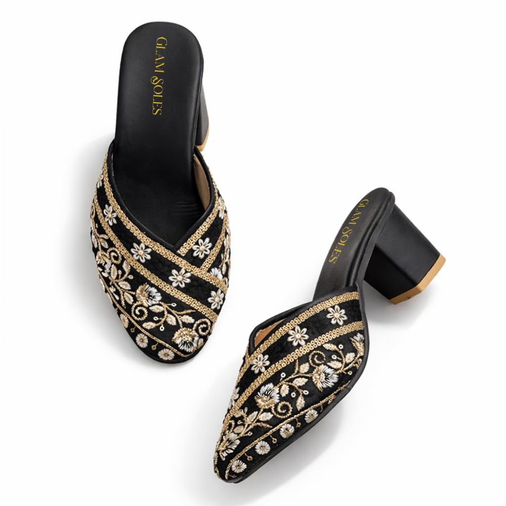 Women Embroidered Heel Bellies Mule Sandals | Ethnic Floral Embroidery Block Heel Slip-On Jutti Style Footwear | Party Wedding & Ethnic Ladies Heels-image-13